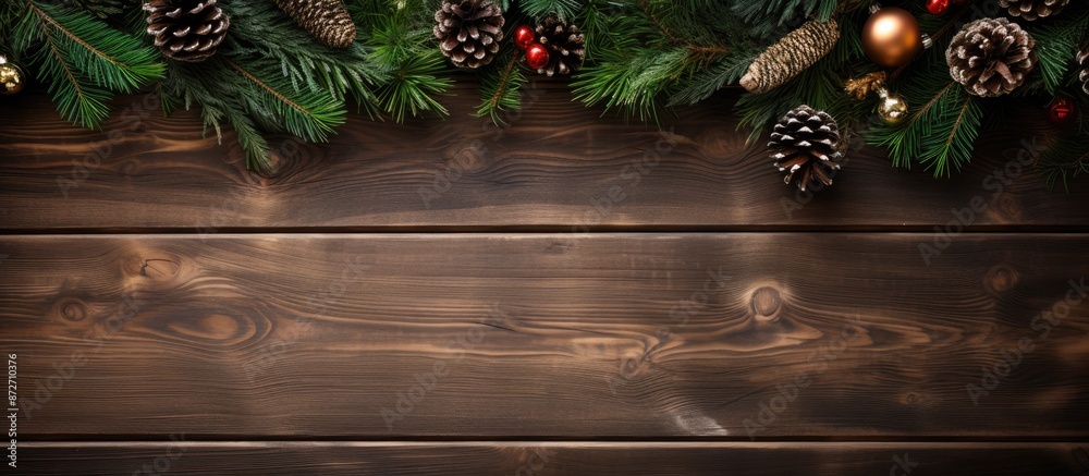Poster Festive fir tree embellished with ornaments on a rustic wooden backdrop with copy space image
