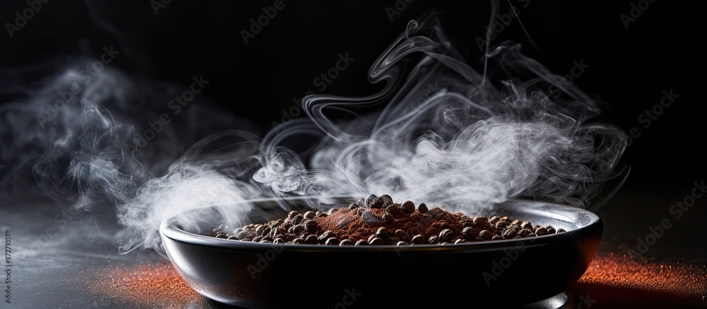 Poster Selective focus on rustic sieve with smoke: Roasted coffee on black backdrop in a visually appealing copy space image.