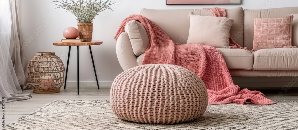 Poster Pink blanket on beige sofa and pouf on patterned carpet in daily room with console table. with copy space image. Place for adding text or design