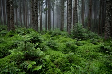 Obraz premium Lush green forest with mossy trees and ferns