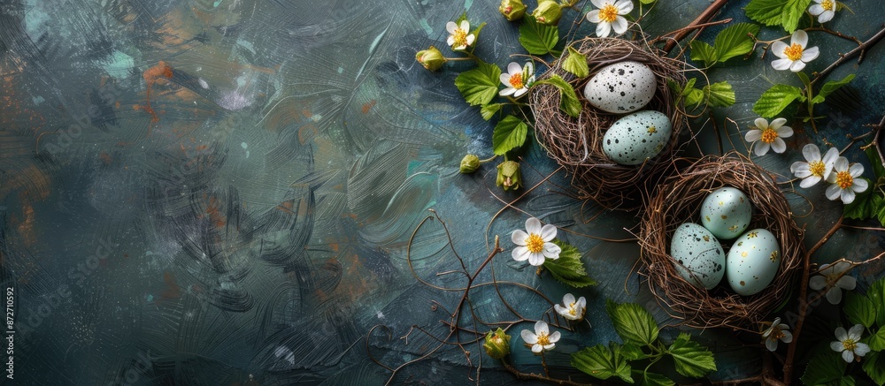 Poster a top-down view of a spring easter holiday scene with eggs in nests and spring flowers, perfect for 