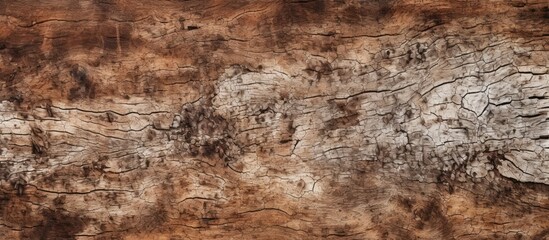 Obraz premium Horizontal photo of a tree bark texture with relief wooden pattern, old tree skin showing brown bark with white fungal mold spots, and available empty copy space image.
