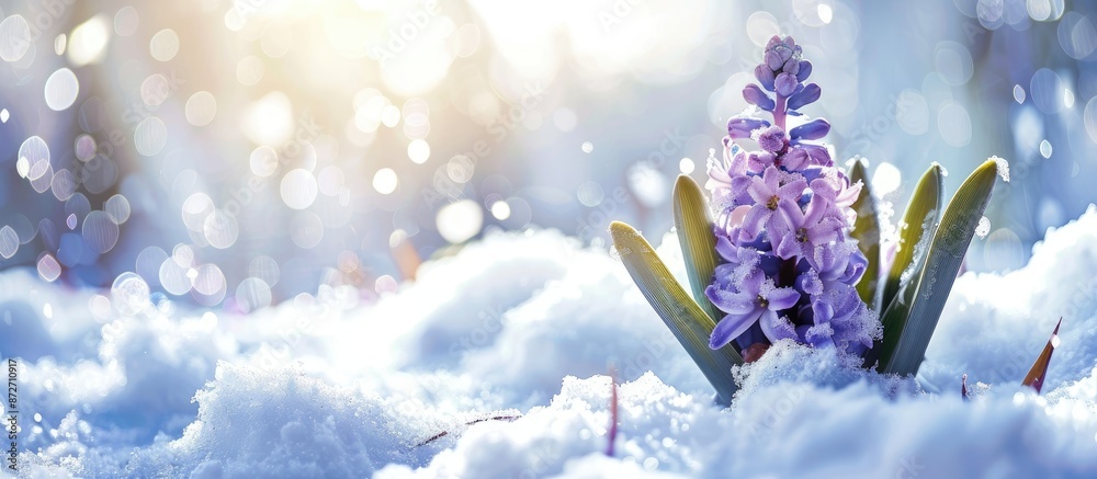 Poster a panoramic web banner featuring a close-up of a purple hyacinth surrounded by snow, conveying a spr