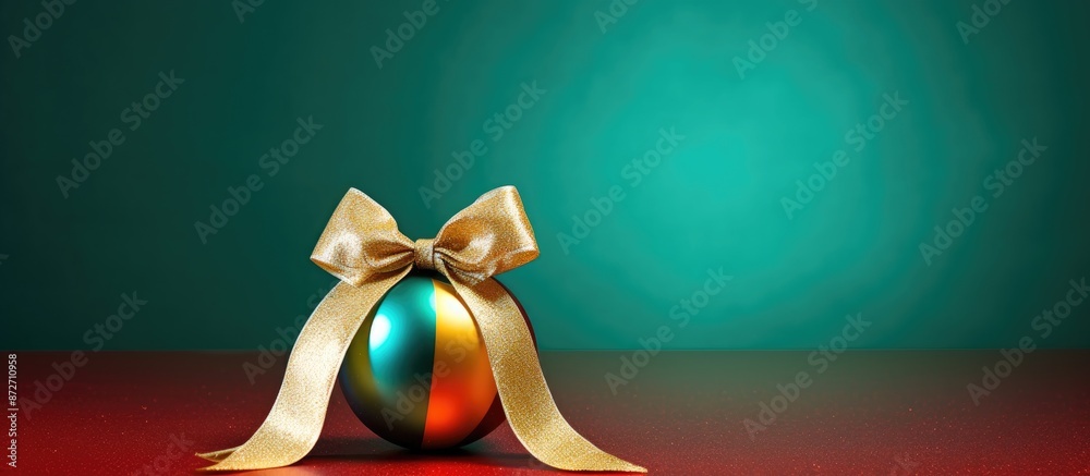 Poster a christmas ornament with a ribbon bow against a colorful backdrop, offering room for an additional 
