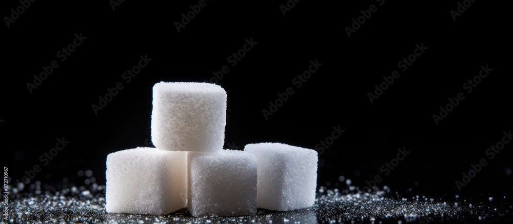 Poster Closeup shot of cube and granulated sugar against a dark backdrop with empty space for text or graphics. with copy space image. Place for adding text or design
