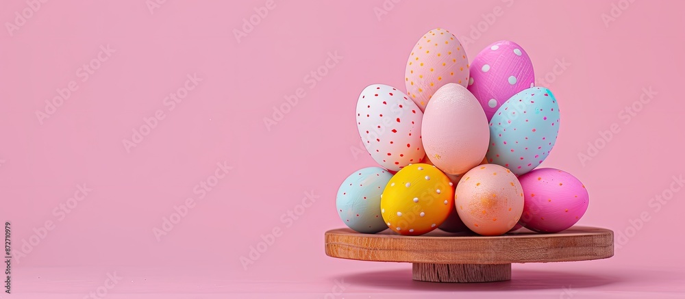 Poster colorful easter eggs arranged around a wooden stand on a pink background, creating a vibrant and fes