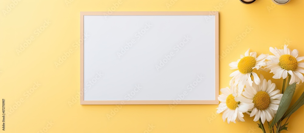 Poster Yellow pastel background with copy space image displaying an empty frame, office supplies, and a flower in a flat lay arrangement.