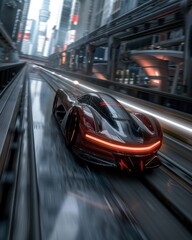 Futuristic sports car speeding through a city