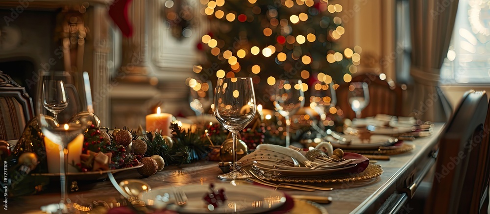 Poster Dining table with setting for Christmas celebration indoors. with copy space image. Place for adding text or design