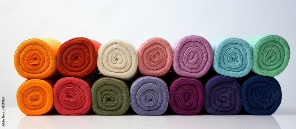 Aufkleber Rolled terry towels arranged in tubular shapes on a white backdrop, with space for adding images. with copy space image. Place for adding text or design