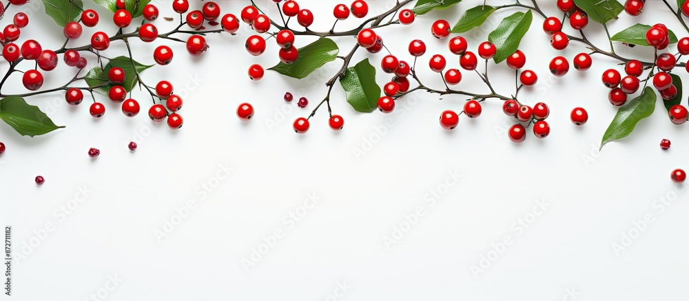 Aufkleber botanical festive flat lay top view with red holly berries and green branches on a white background 