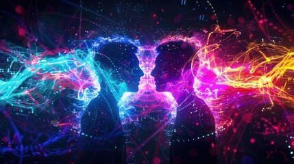 Fototapeta premium Interconnected figures with colorful energy waves