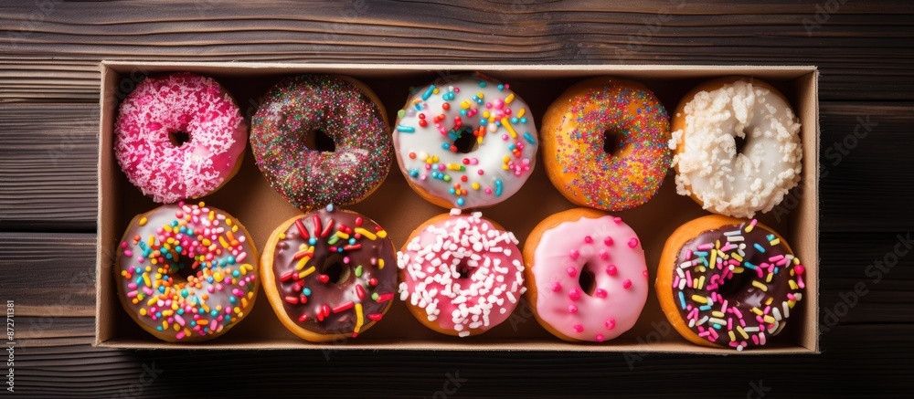 Aufkleber A variety of appetizing donuts topped with glaze and sprinkles placed in a box on a dark wooden table, captured from above with copy space image.