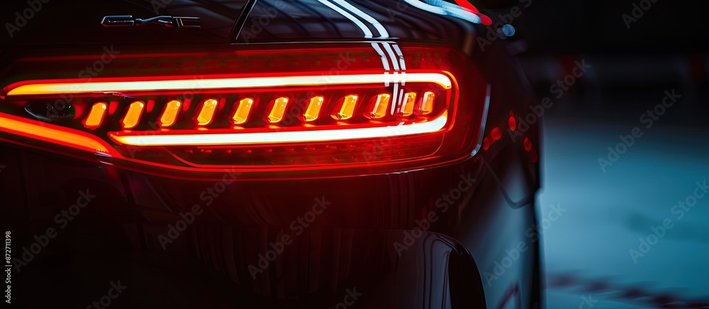 Poster car rear lights illuminated against a black background with copy space image.