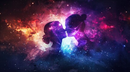 Abstract figures in cosmic embrace with lights