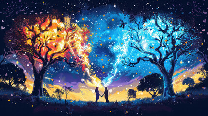 Fototapeta premium Silhouettes under two opposing colorful trees