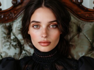 Fototapeta premium Elegant woman with dark hair and piercing eyes