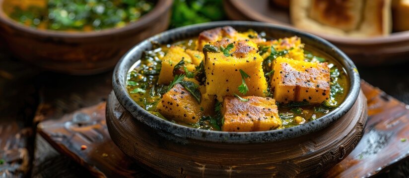 A popular Punjabi winter main dish, featuring cornbread with mustard greens curry, presented on a moody background with selective focus on the dish, allowing for copy space image.