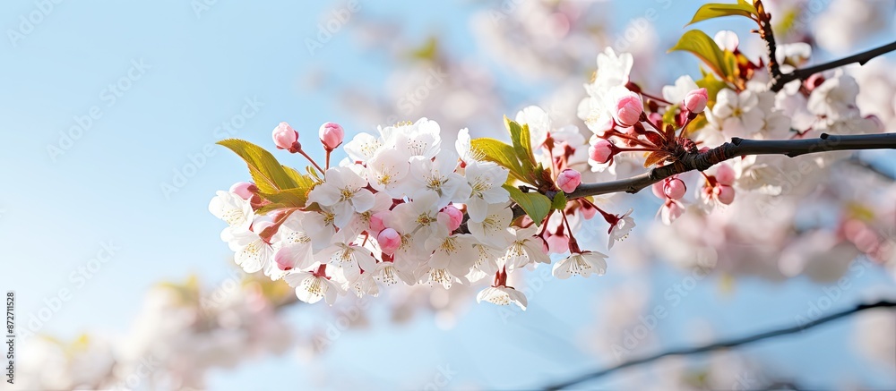 Poster in the park, a beautiful cherry tree in early spring blooms with white and pink flowers in the sunli