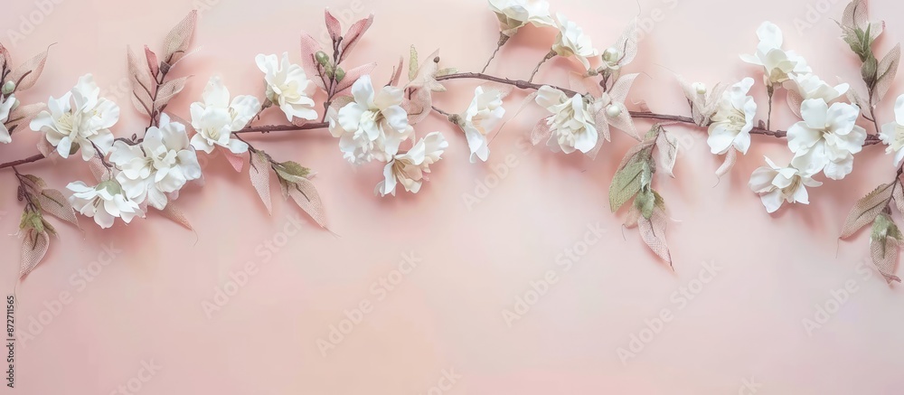 Poster The white garland with flowers. pastel background  . with copy space image. Place for adding text or design