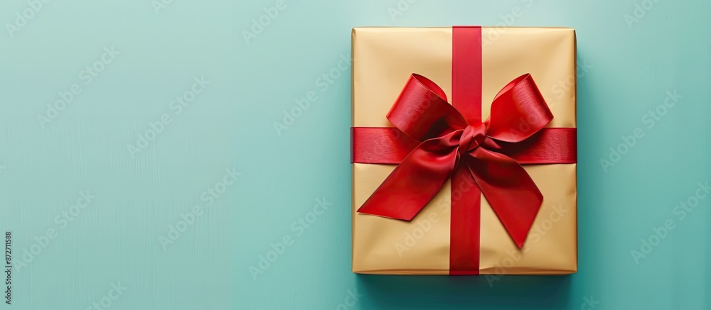 Aufkleber golden gift box with red ribbon isolated on pastel background. with copy space image. place for addi