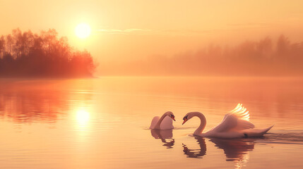 Serene Sunrise with Swans on a Misty Lake