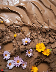  Colourful flower in the sand , cracked sand pieces 