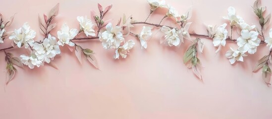 Obraz premium The white garland with flowers. pastel background . with copy space image. Place for adding text or design