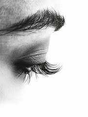 Fototapeta premium The long, flowing eyelashes in this close-up clearly convey the elegance and charm of natural lashes.