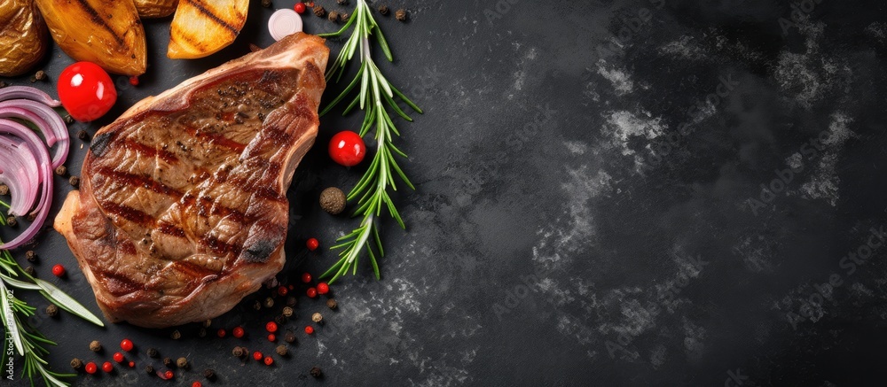 Leinwandbilder Top-down view of a T-bone steak grilled and displayed on a stone table with empty space for text or elements in the image. with copy space image. Place for adding text or design