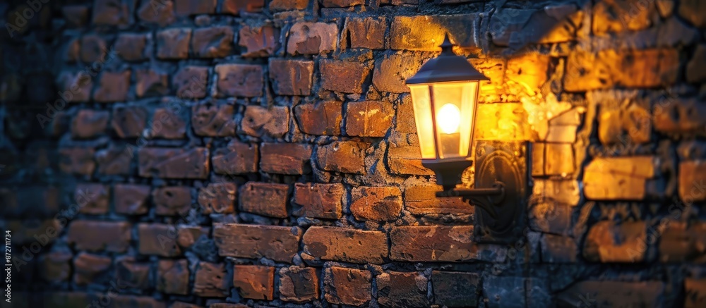 Aufkleber wall lamp on the old brickwall closeup. scone lamp on vintage brick wall at nigh in twilight. facade