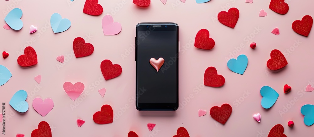 Poster valentine's day-themed top view flat lay of a mobile phone with a blank screen placed on a colored b