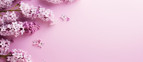 Fototapeta premium Delicate lilac flowers blooming on a pink backdrop in a lovely copy space image.