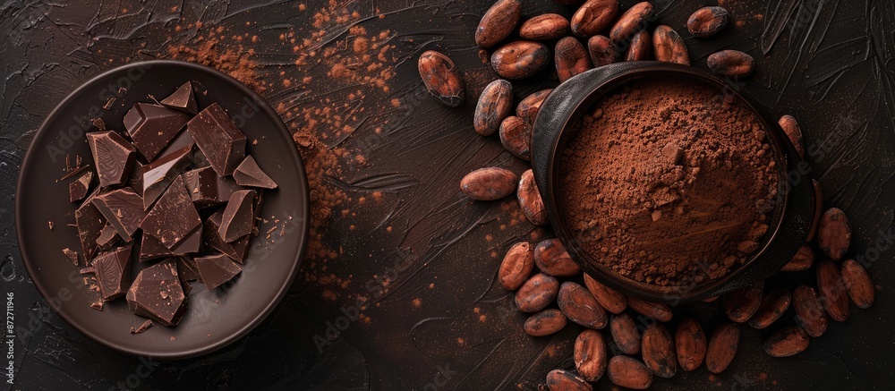 Poster a chocolate and cacao concept with cocoa powder in a bowl beside cocoa beans and shattered chocolate