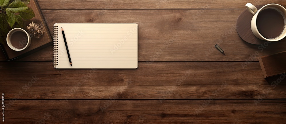 Poster Wooden desk hosting a notepad, pen, and smartphone, with space for text and images. with copy space image. Place for adding text or design