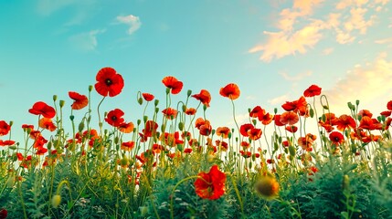 Fototapeta premium Beautiful red poppy flowers in a blooming meadow at sunset. Vibrant, colorful, and peaceful nature scene. Ideal for spring and summer concepts, backgrounds, and wallpapers. AI