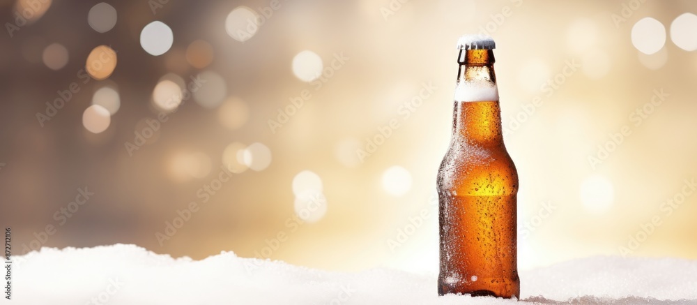 Aufkleber Close-up of a cold beer bottle on snowy background with copy space image.