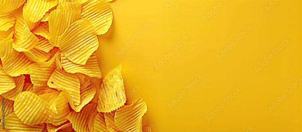 Aufkleber A bird's-eye-view banner displaying textured golden corrugated chips on a yellow background, evoking a fast food theme with space for text or images. with copy space image