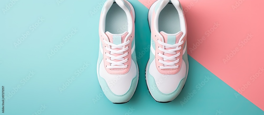Poster a pair of new sneakers set on a soft pink and blue pastel background with ample space alongside for 