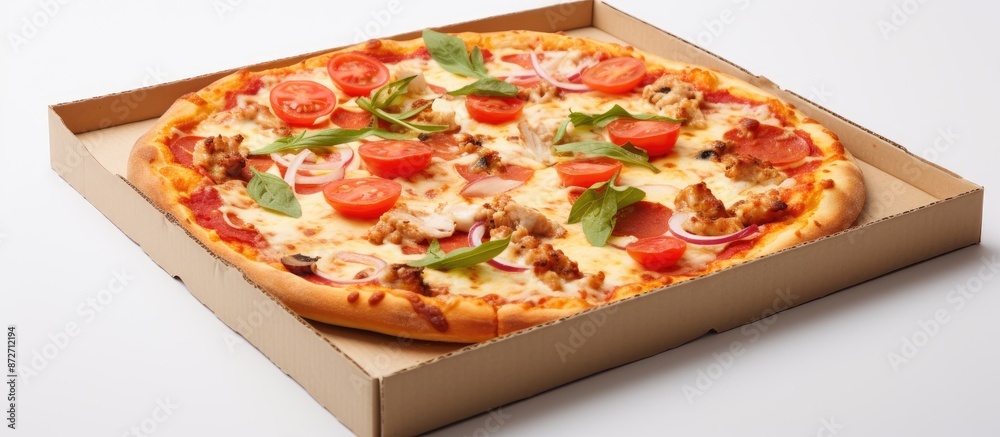 Poster a pizza box shown in a close-up view against a white backdrop, with copy space image.