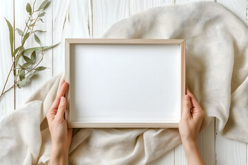 Naklejka premium Hands Holding a Blank Picture Frame with Green Leaves on White Wooden Background