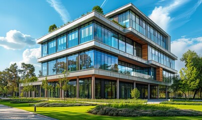 Obraz premium A modern office building with glass windows and green landscaping