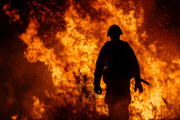 Silhouette of a Firefighter Against Fiery Blaze Background