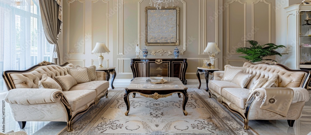 Aufkleber Luxurious expensive interior design of the living room in the old Baroque style in beige colors. with copy space image. Place for adding text or design