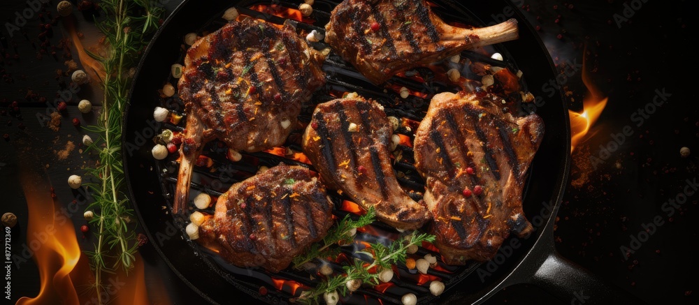 Poster Top-down view of barbecued lamb and mutton chops sizzling in a pan with a dark background, perfect for a copy space image.