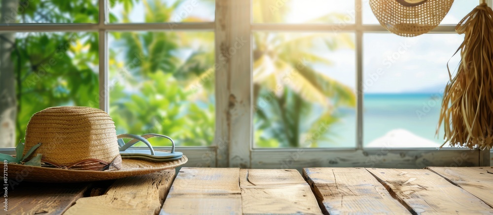 Aufkleber brown wooden table in home with blurred background of summer window with summer bag and hat and flip flops. Free space for your decoration. . with copy space image. Place for adding text or design