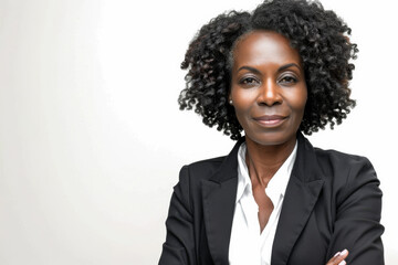 close up horizontal portrait of a middle age black businesswoman posing in front of a white neutral background, copy space