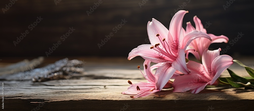 Poster a photo of a pink lily set against a rustic background, providing room for additional images or text