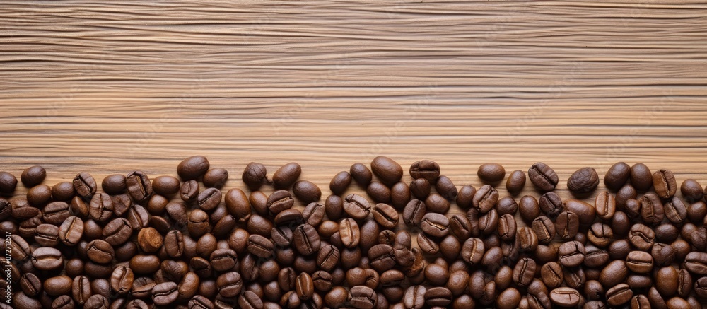 Poster Coffee beans arranged in a frame on a wooden surface, suitable for Coffee Day messaging with copy space image. Shot from above with a focus on the beans.