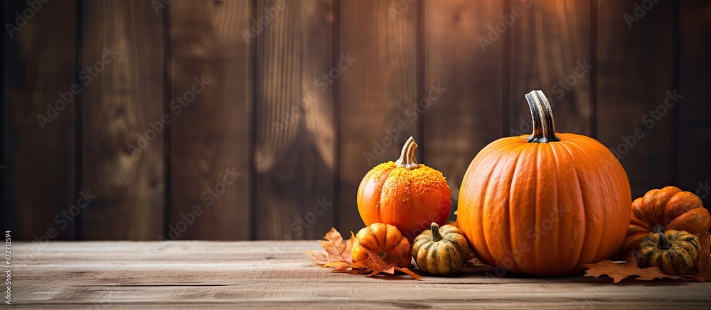 Poster close-up of a halloween pumpkin with copy space on a rustic wooden surface, conveying a thanksgiving